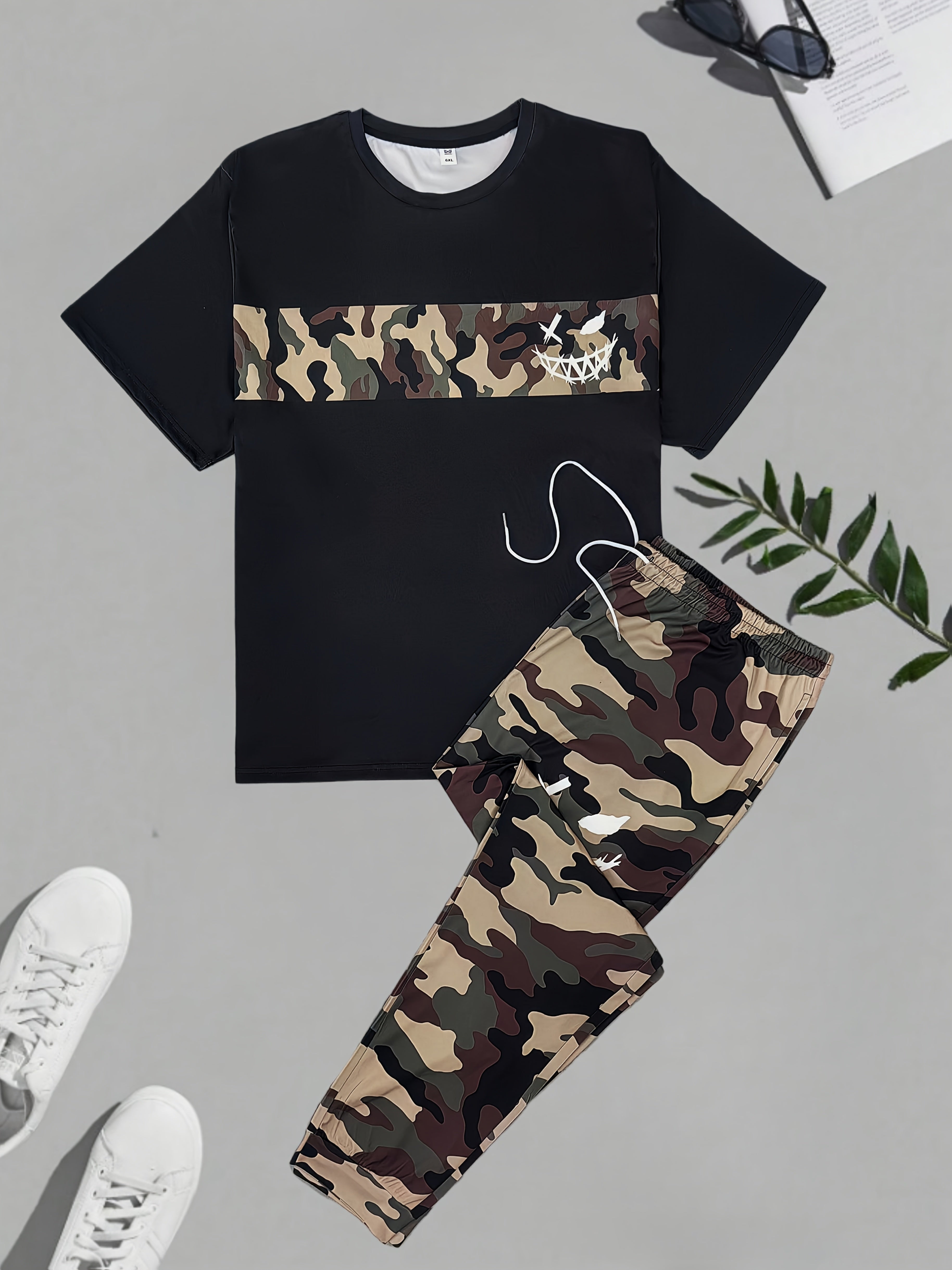 Men's Plus-Size Camouflage Activewear Set Short-Sleeve Top and Long Pants Polyester Stretch Outdoor Sports