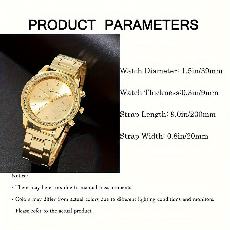 Women's Quartz Watch and Jewelry Set with Rhinestones and Stainless Steel Band