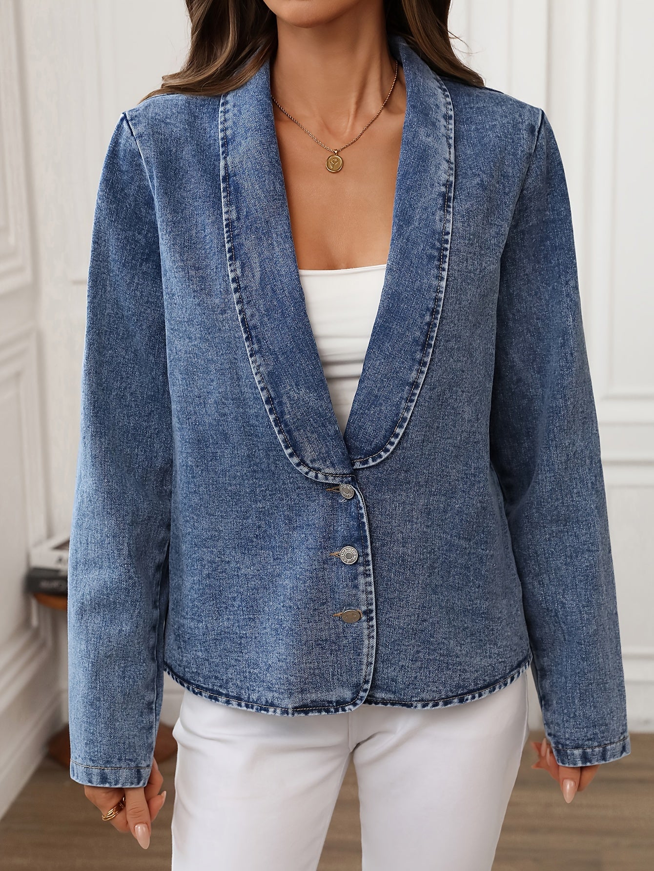Women Plus Size Denim Blazer Jacket Notched Collar Solid Color Spring Autumn