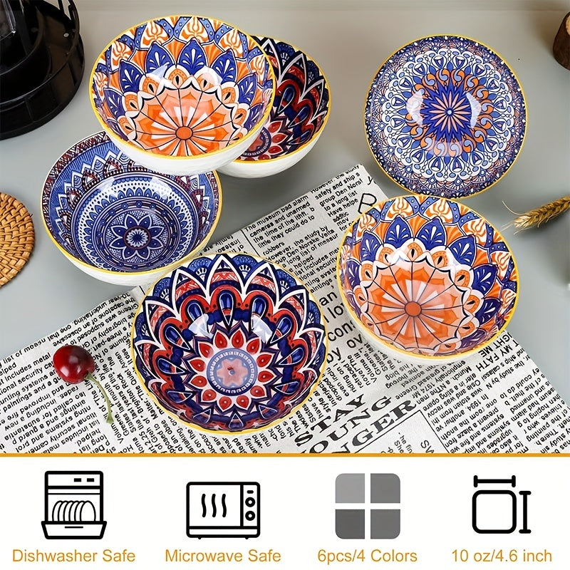 Handmade Ceramic Bowls Set with Vibrant Orange and Blue Mandala Design for Serving Cereal Ice Cream Pasta