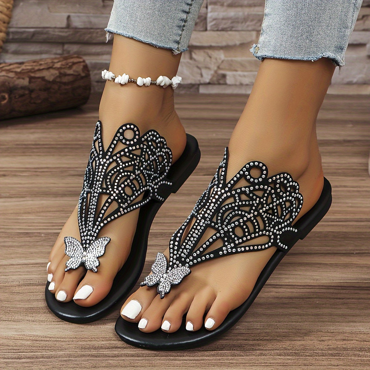 Women's Rhinestone Butterfly Flat Sandals Black Faux Cover Summer Slides