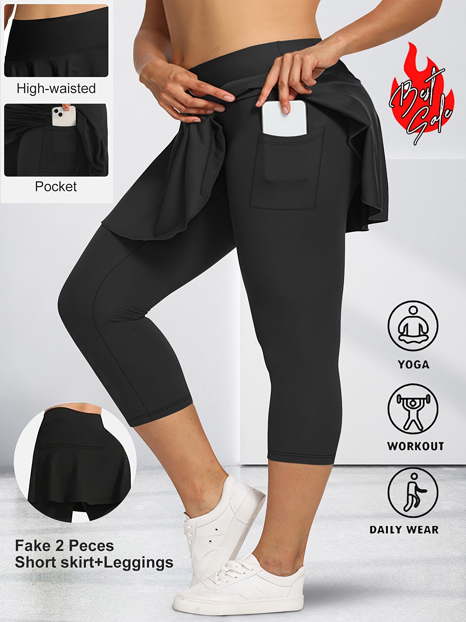 Falda pantalón capri de algodón de talle alto para mujer de tallas grandes con bolsillos