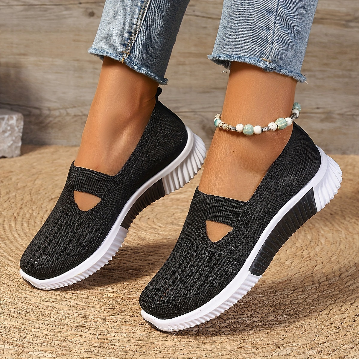 Women's Breathable Slip-On Sneakers Knit Fabric All-Season Walking Shoes