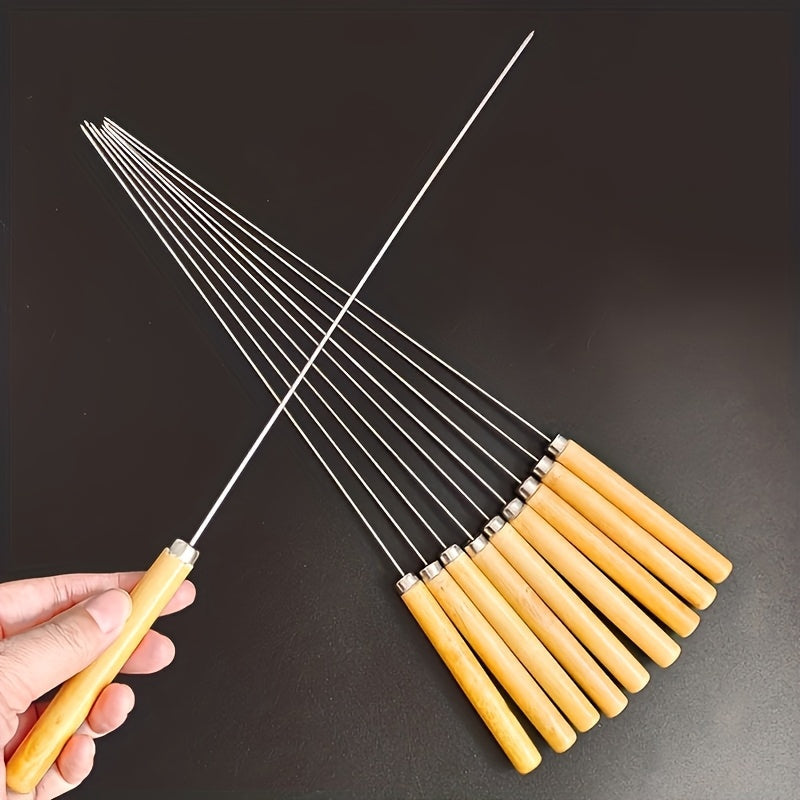 Stainless Steel and Wooden Handle Barbecue Skewers for Grilling, Reusable