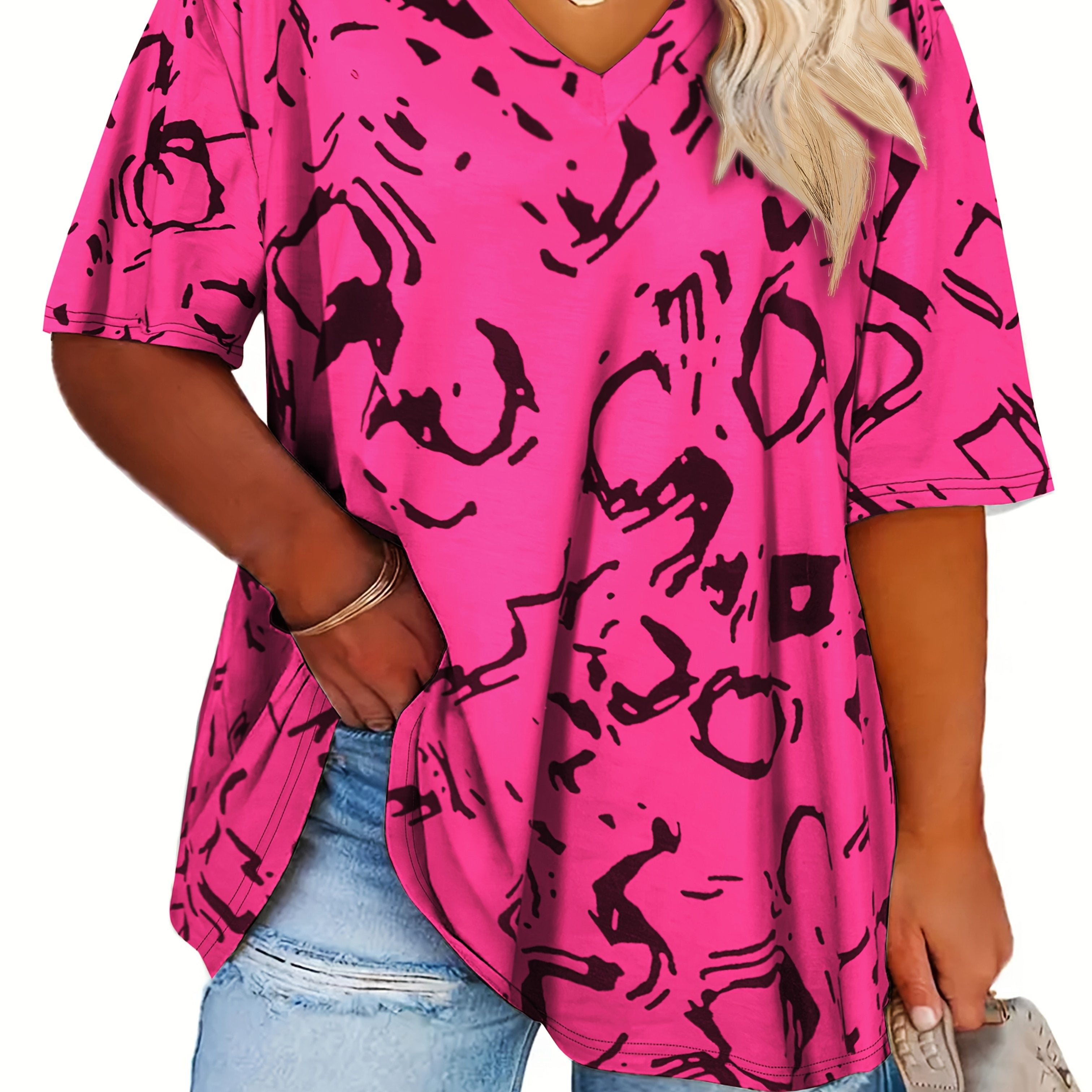 Women's Plus Size Abstract Print V-Neck T-Shirt Short Sleeve Summer Top Gray