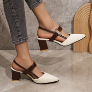 Women's Chunky Heel Sandals with Pointed Toe Faux Leather Two-Tone Rubber Sole