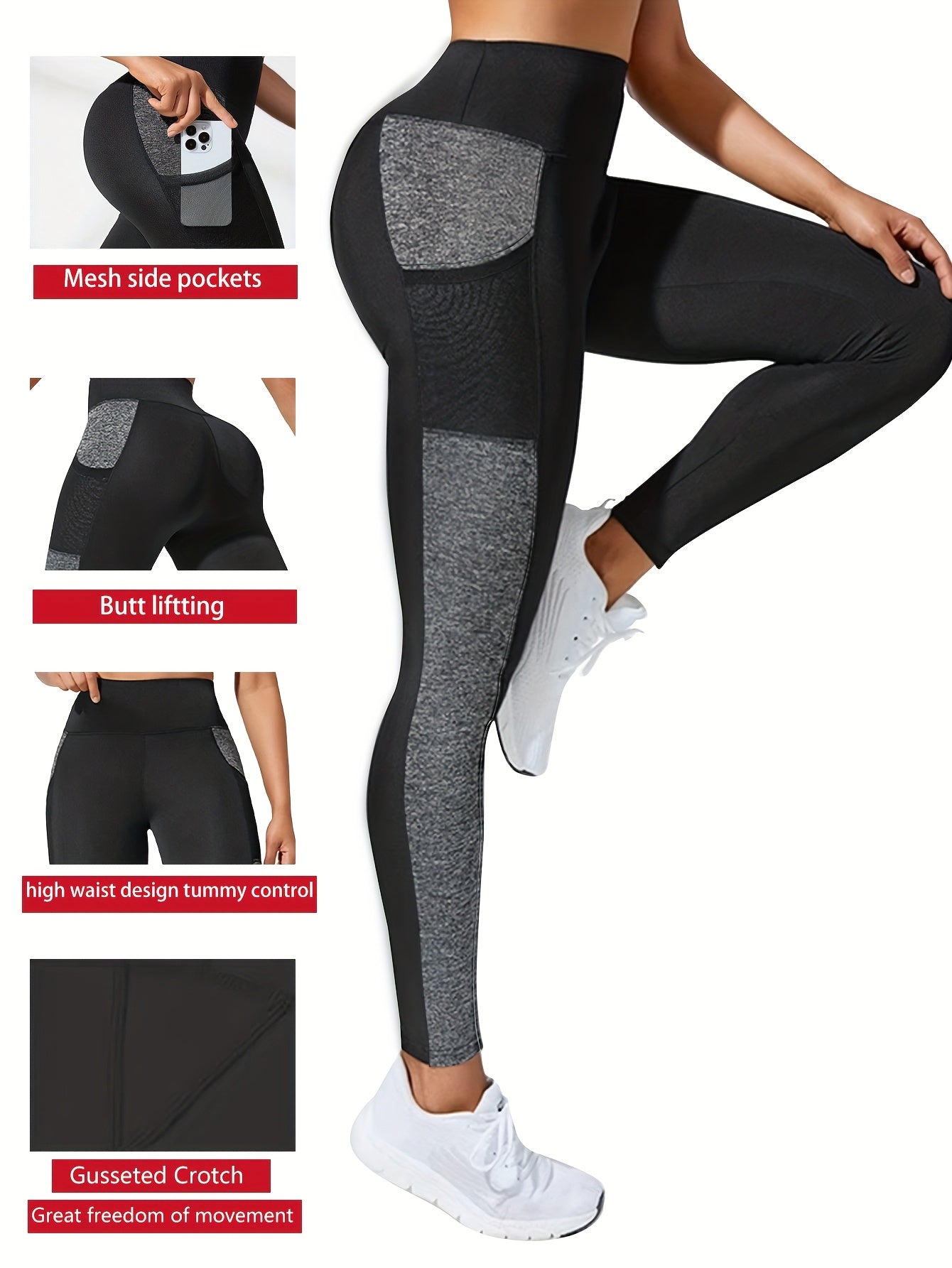 Ayollar uchun kattaroq o'lchamdagi yoga legginslar, yon mesh cho'ntaklar bilan, yuqori bel, elastik va nafas oladigan