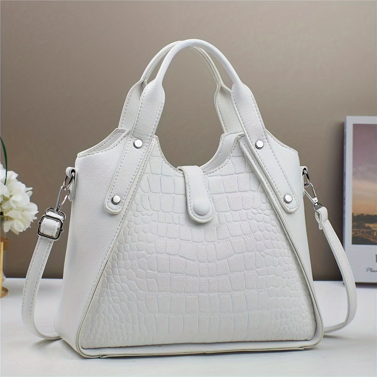Women's Faux Leather Crocodile Pattern Shoulder Bag Casual Zipper Closure Adjustable Strap