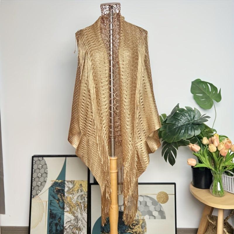 Gold Shawl with Webbed Fringe Versatile for Evening Events and Sun Protection