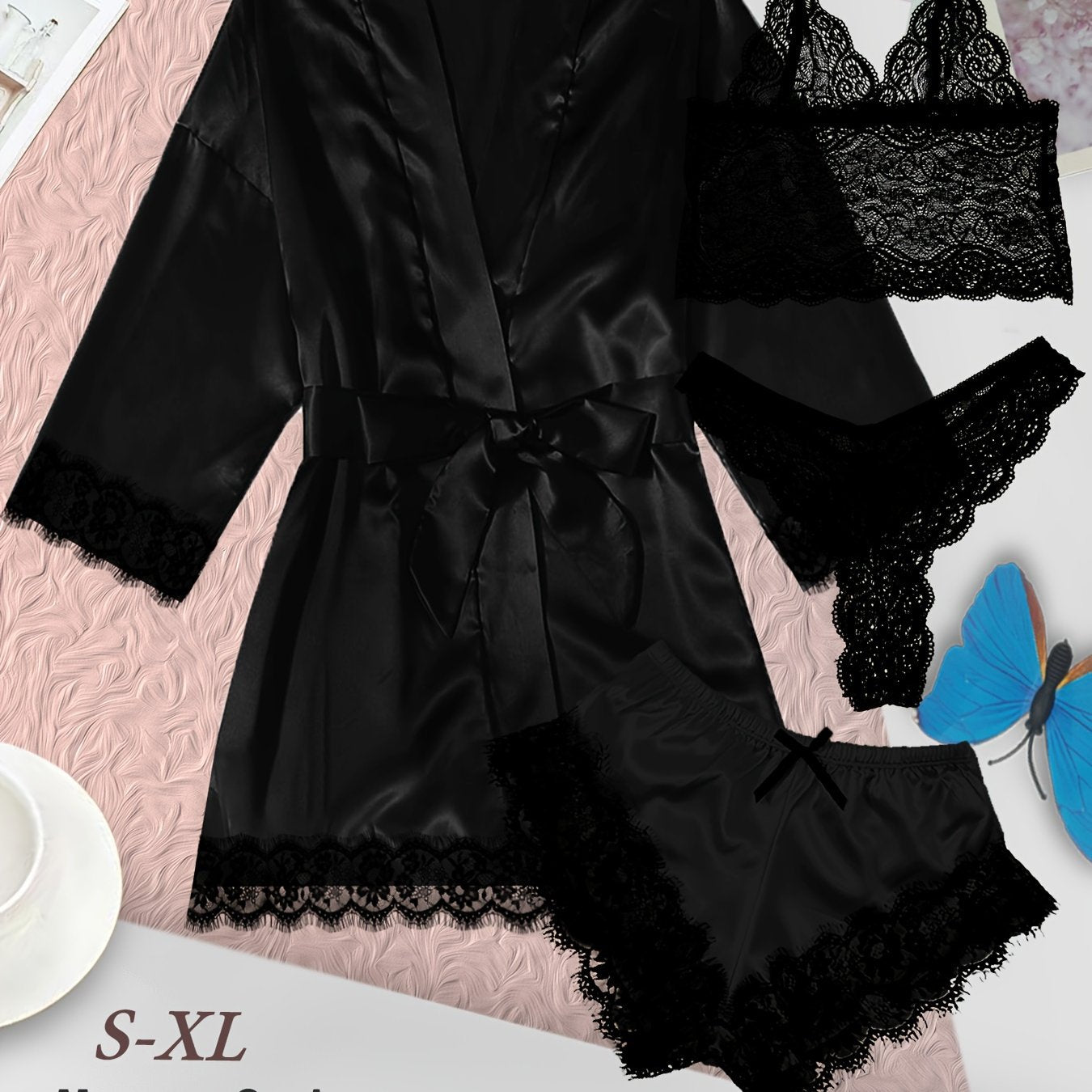 Women's Loungewear Set with Lace Detailing Robe V-Neck Cami Shorts and Panties