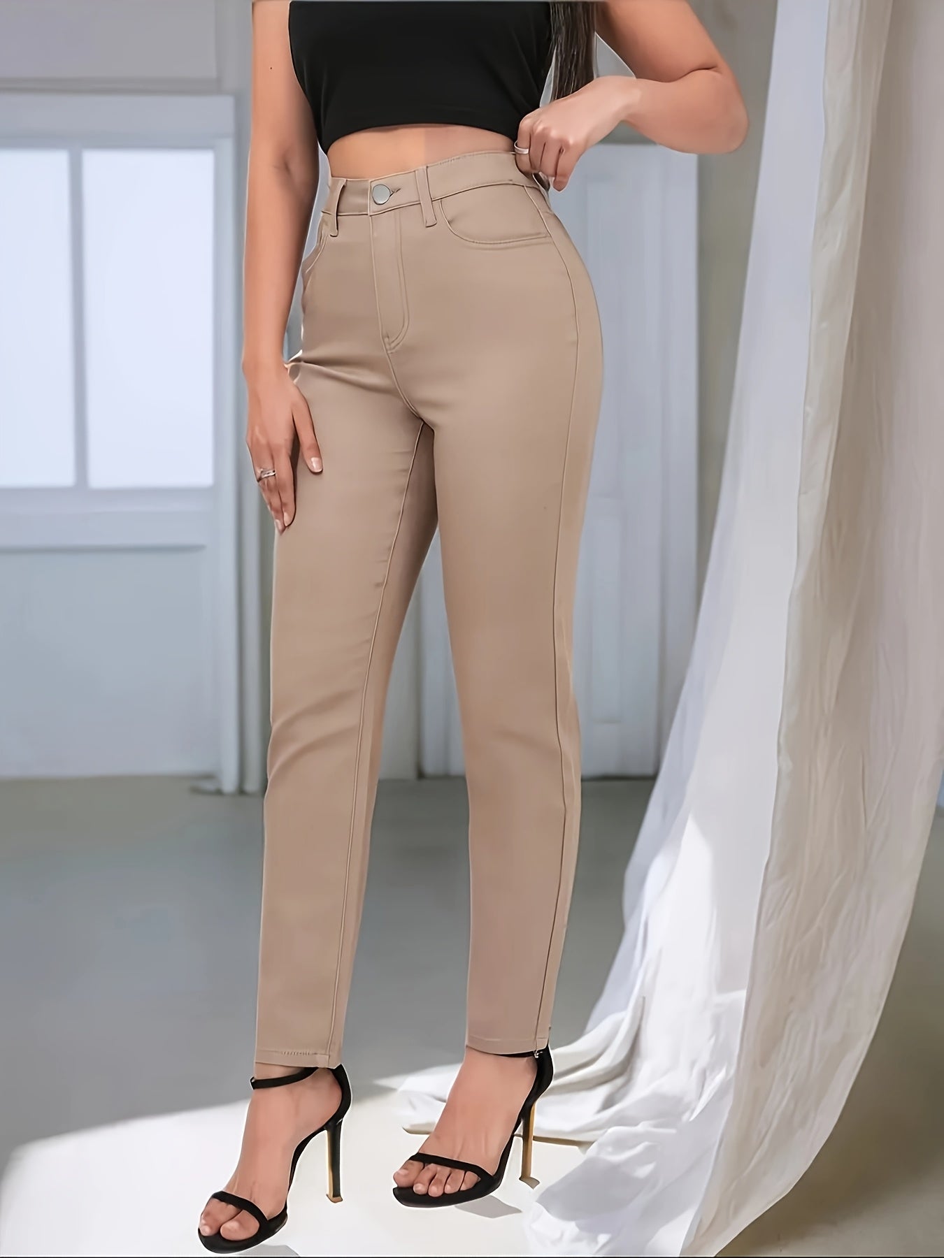 Women's Plus Size Commuter Pants High-Waist Stretch Skinny Solid Color All-Season