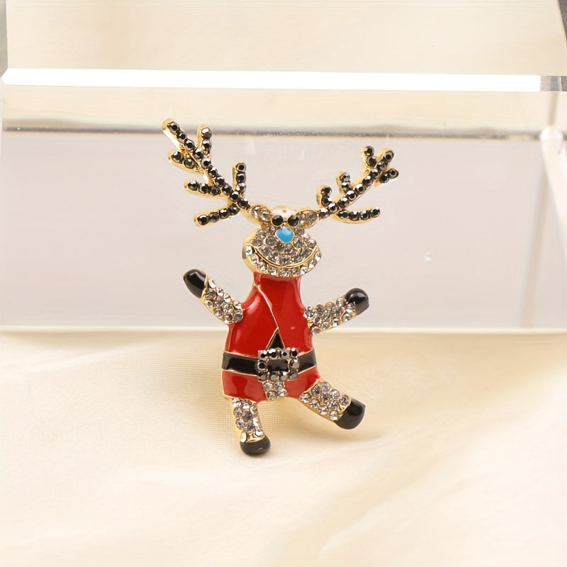 Enamel Reindeer Brooch Pin with Rhinestones for Christmas Party Accessories