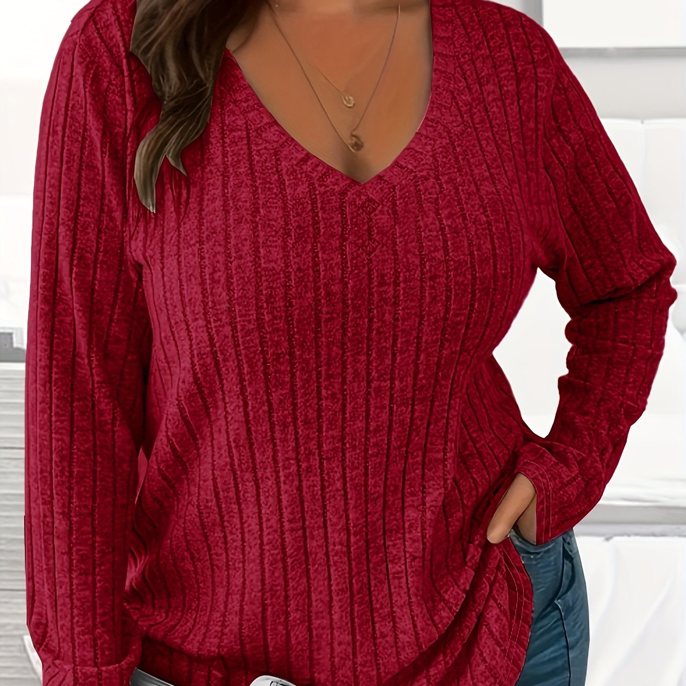 Plus Size Women's V-Neck Ribbed Sweater Casual Long Sleeve Pullover Black