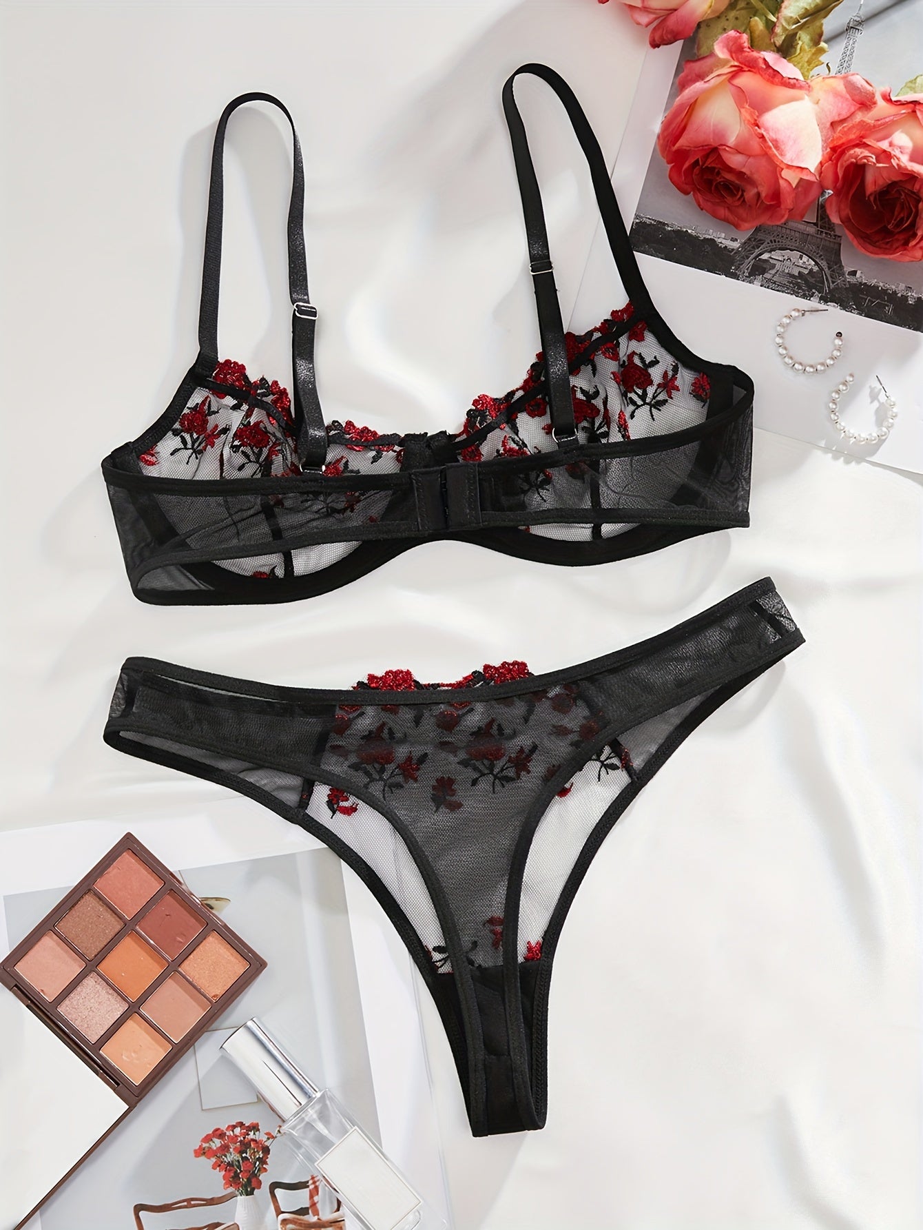 Women's Lingerie Set with Semi-Sheer Mesh Bra and Cheeky Panty