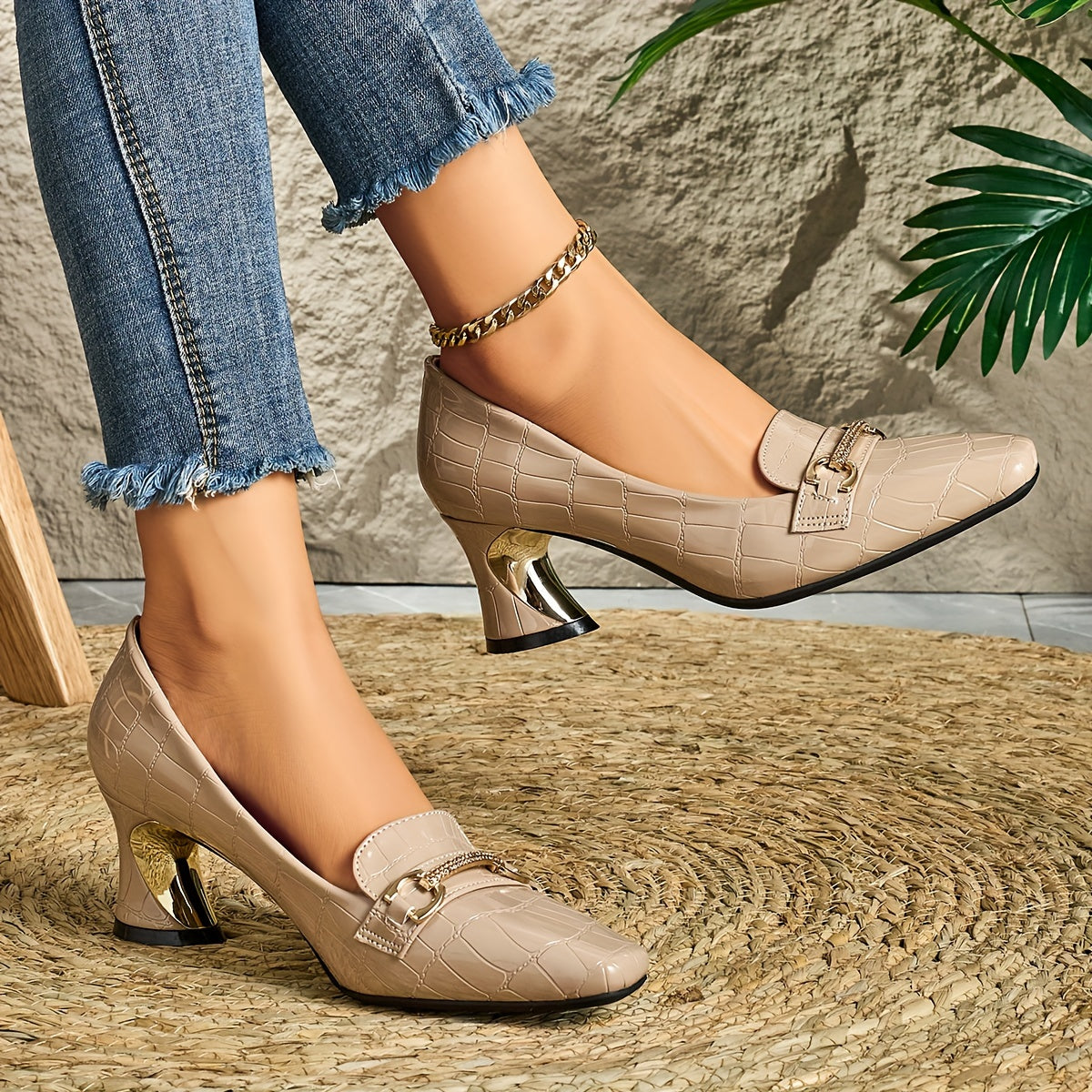 Women'S Square Toe High Heels Synthetic Embossed Gold Buckle