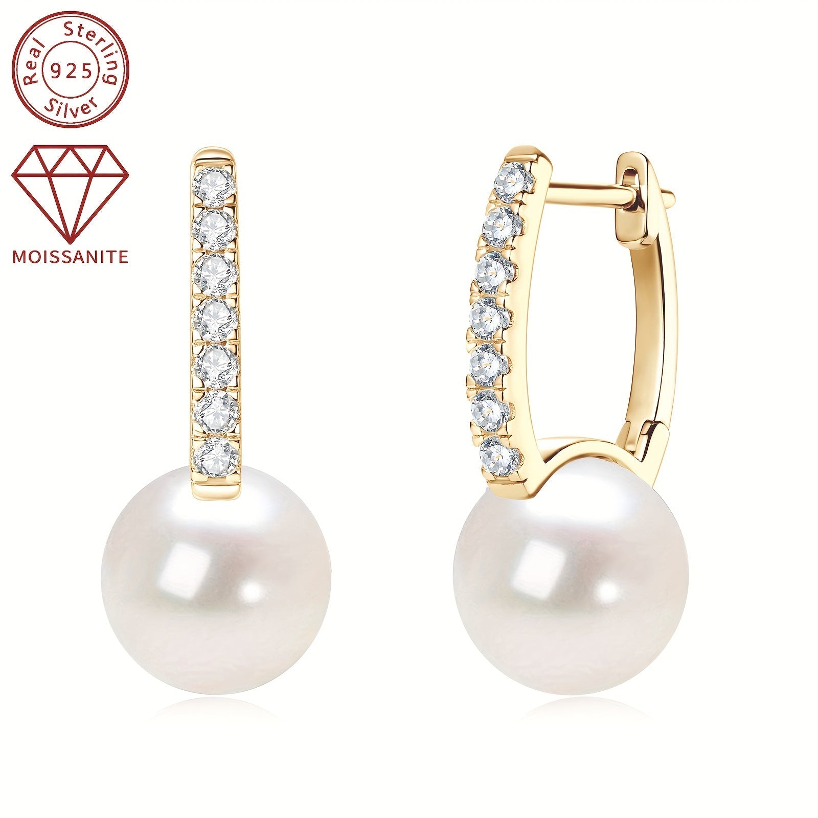Women's Silver Pearl Earrings with Moissanite 9.5-10mm Freshwater White Pearls