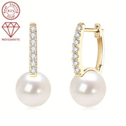 Women's Silver Pearl Earrings with Moissanite 9.5-10mm Freshwater White Pearls
