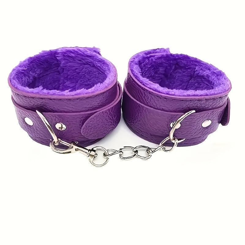 Adult Unisex PVC Leather Plush Handcuffs Adjustable Chain Restraint