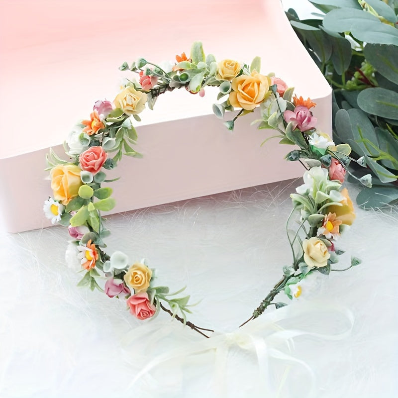 Spring and Summer Floral Crown Headband with Roses Daisies Water Grass for Parties Bridal Gifts
