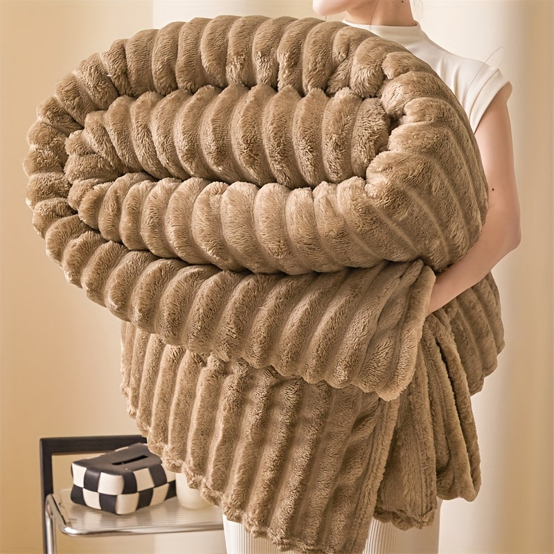 Manta de pelo sintético de conejo acogedora y suave, con rayas multicolores para sofá, cama y oficina