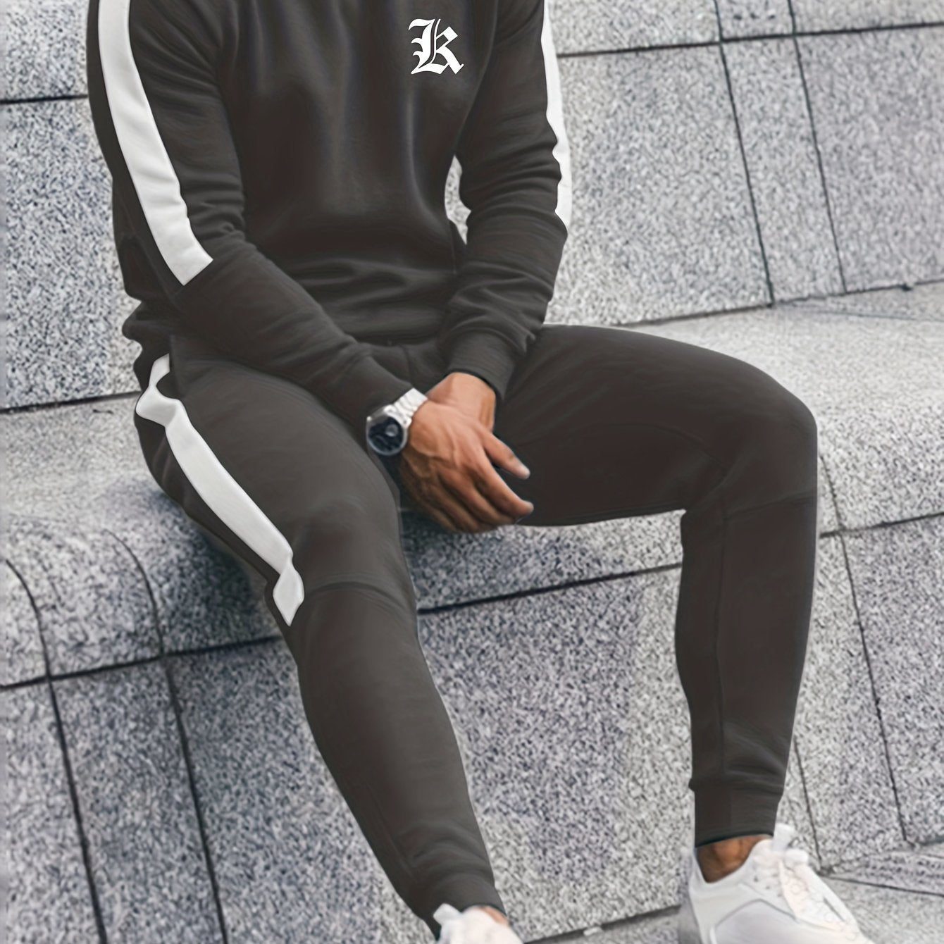 Men's Polyester Casual Tracksuit with Letter Print Crew Neck Sweatshirt and Joggers for Fall Winter