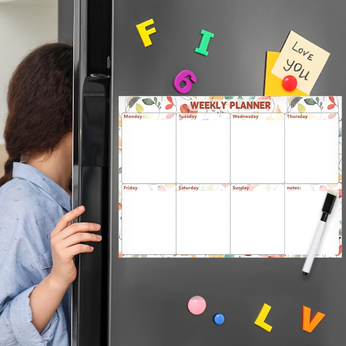 Floral Magnetic Dry-Erase Whiteboard for Refrigerator with Calendar and Magnets