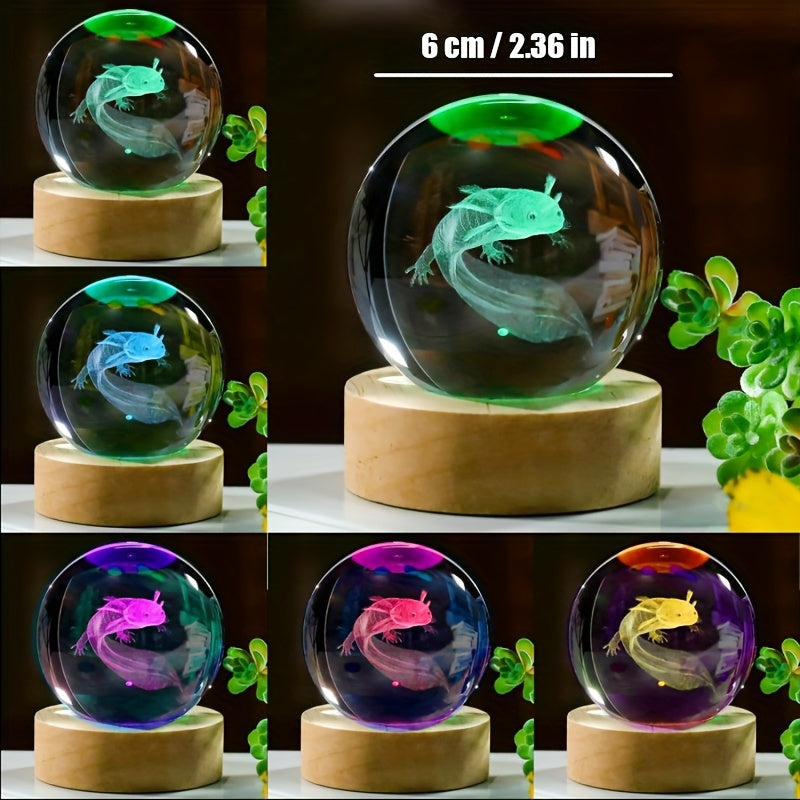 3D Axolotl Crystal Ball with Wooden Light Base Decorative Gift for Home or Birthday