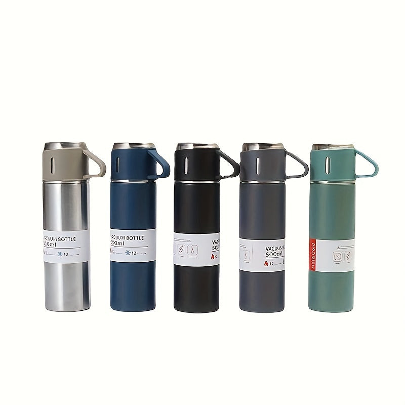 Set of Vacuum Insulated Water Bottles with 3 Cup Lids for Hot Cold Beverages
