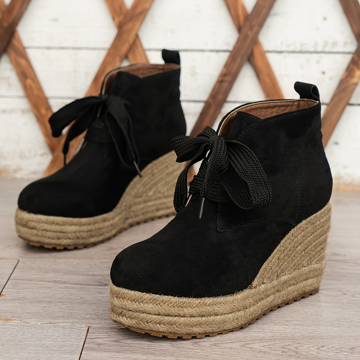 Women's Linen Wedge Ankle Boots Casual Solid Color Lace-Up Platform Shoes