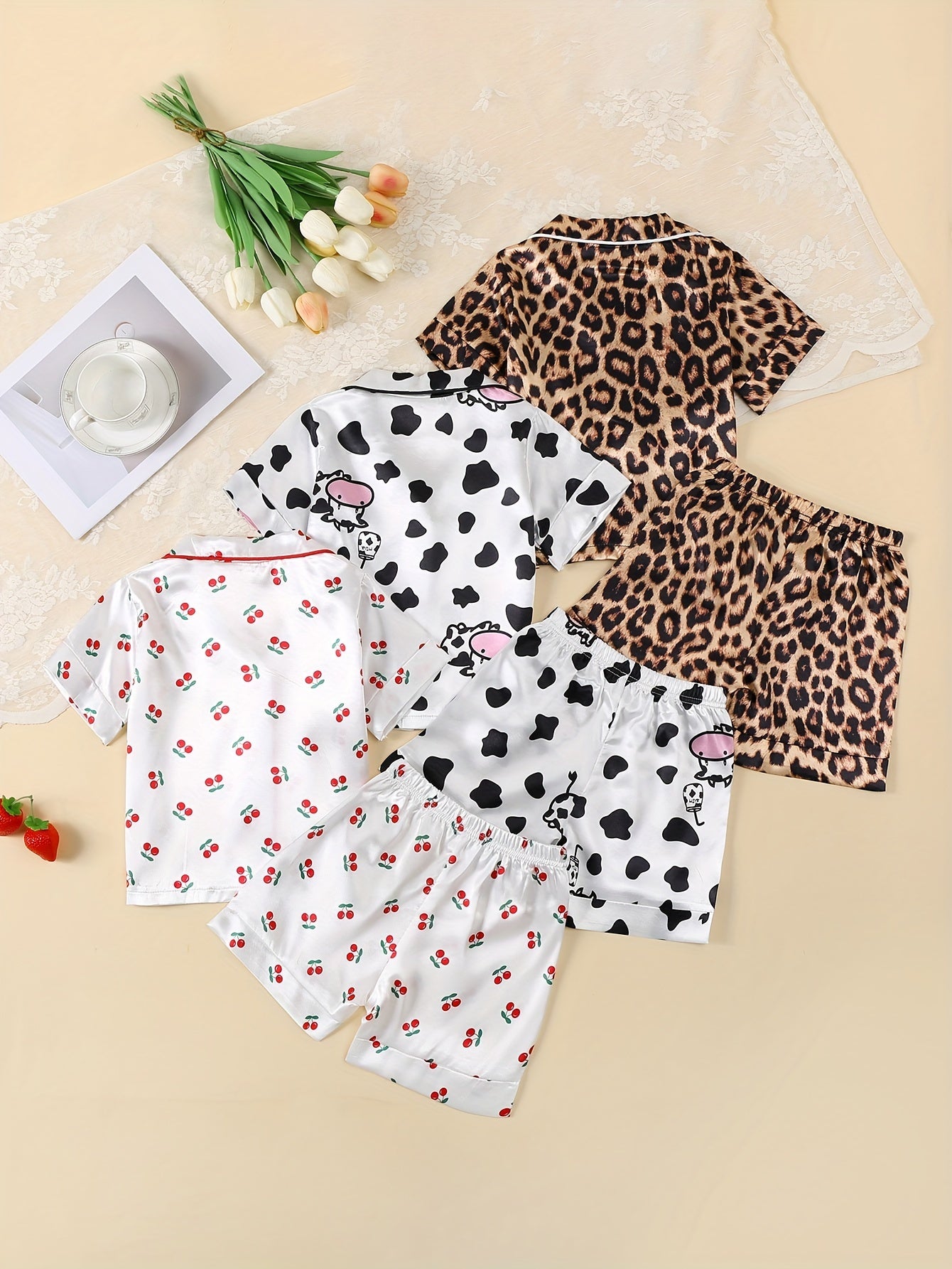 Girls Ice Silk Clothing Set 3-Piece with Animal Prints Short Sleeve Tops and Shorts