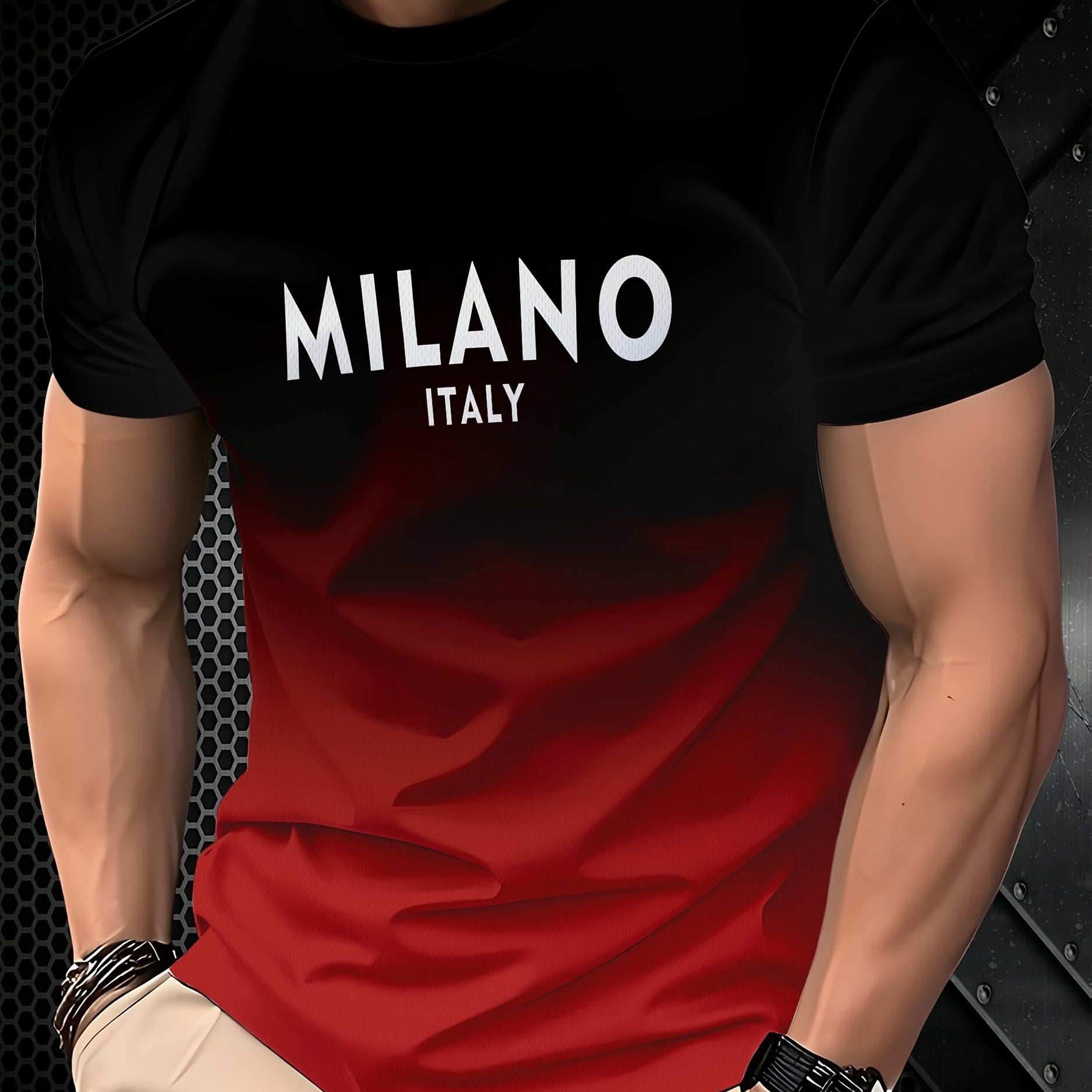 Yozgi ochiq havoda faoliyatlar uchun ideal, nafas oladigan polyester aralashmasidan tayyorlangan, qizil va qora gradientda 3D Milano Italiya printi bilan tasvirlangan, tasodifiy qisqa yengli erkaklar futbolkasi. Mashinada yuvish mumkin.