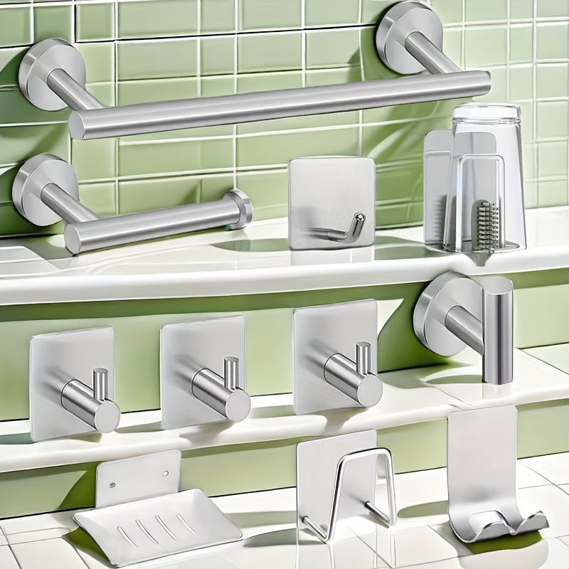 11-Piece Stainless Steel Bathroom Set Black and Silver Modern Accessories with Towel Bar Hooks and Soap Dish