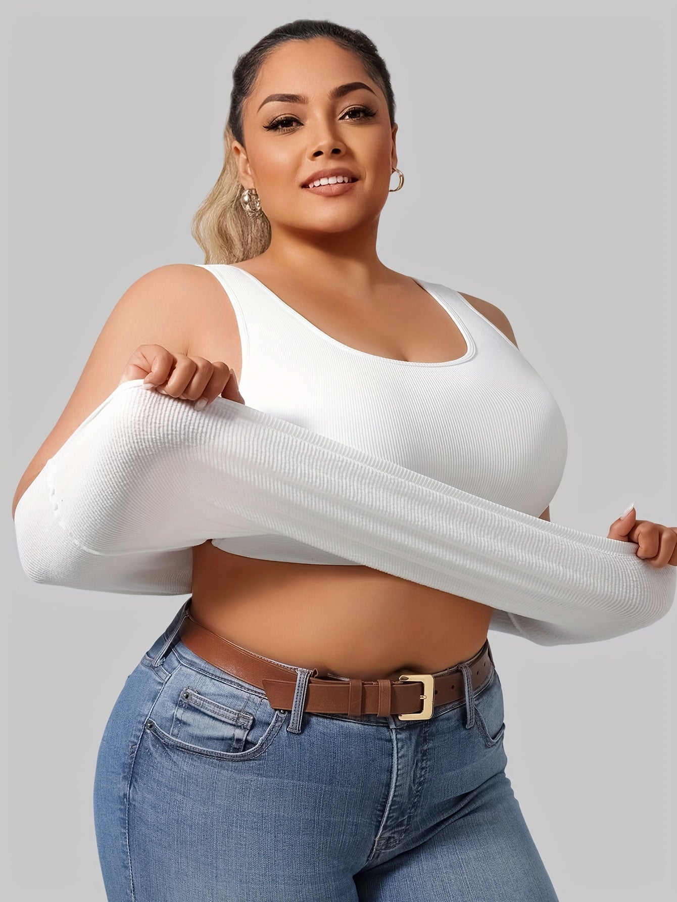 Plus Size Women's Ribbed Thermal Vest with Built-in Cup Pads for Autumn Winter