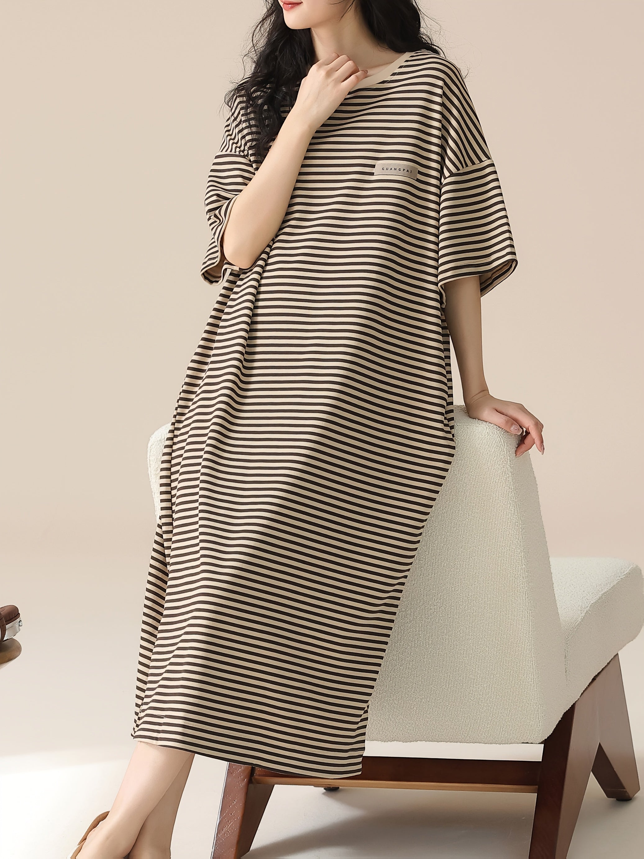 Plus Size Women's Sleep Dress Polyester Striped Long Lounge Wear