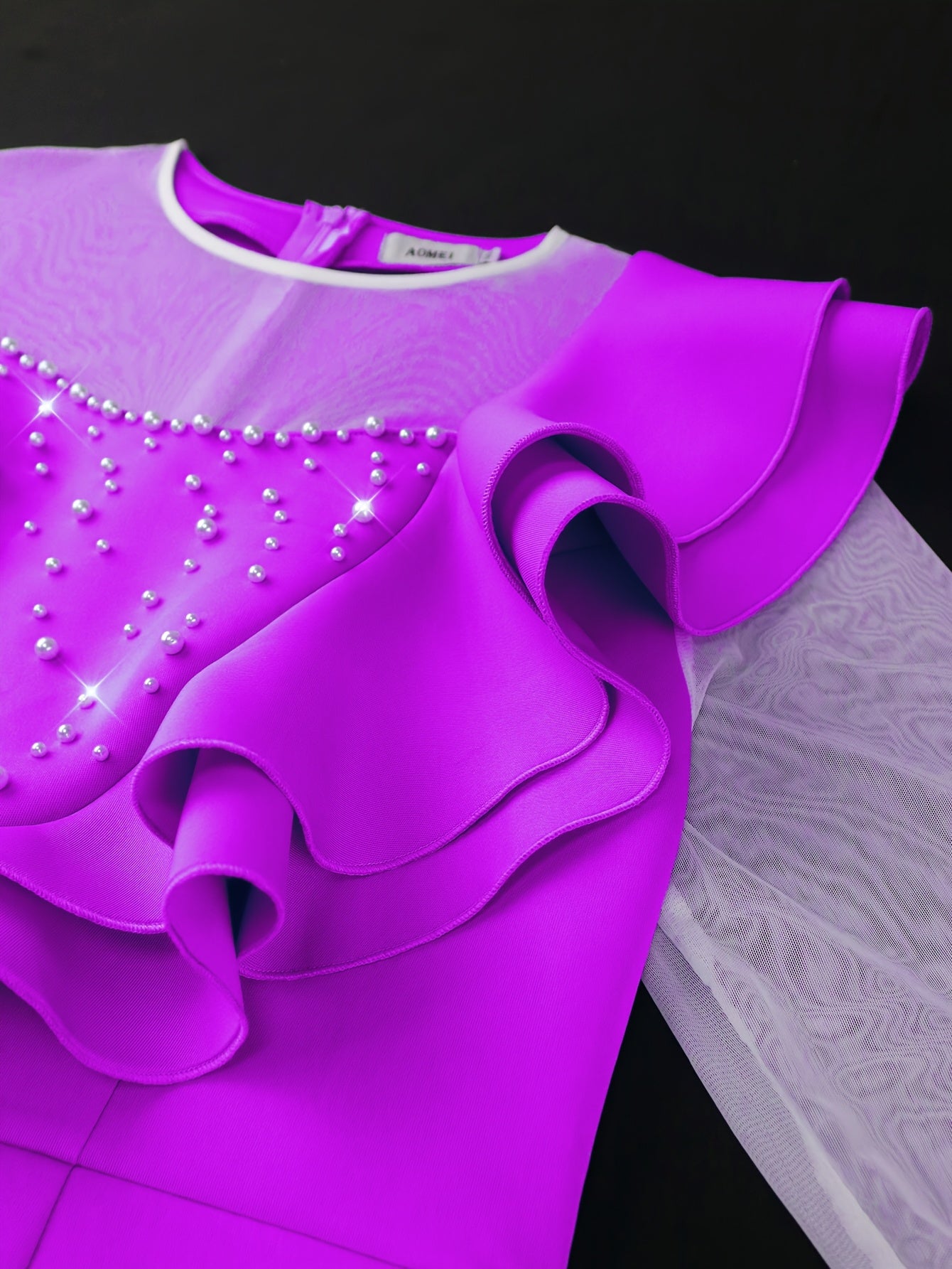 Women's Beaded Ruffle Shoulder Gauze Bodycon Evening Dress Long Sleeve