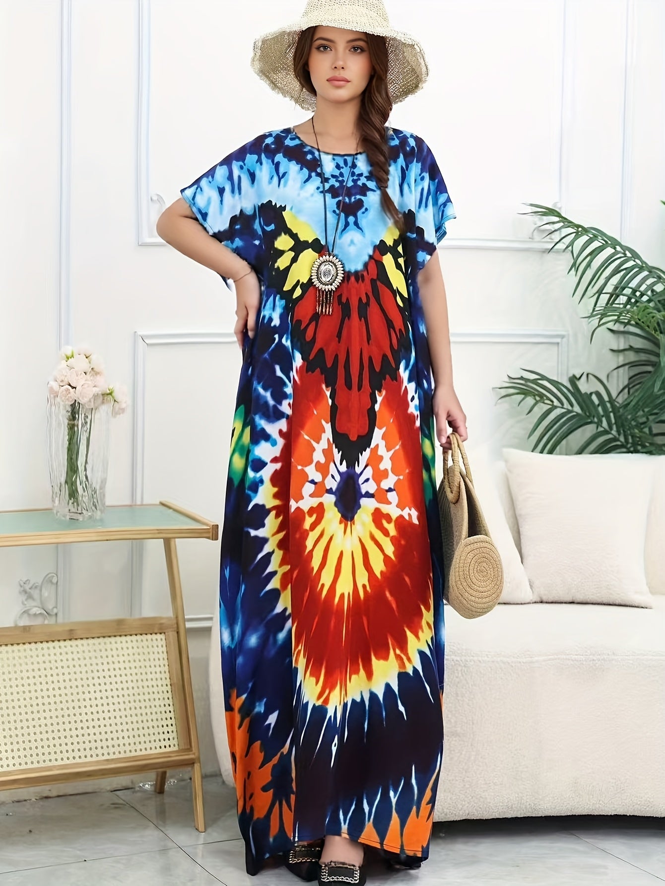 Plus Size Women's Beach Cover-Up Dress Swimwear Wrap Robe Blue Lightweight