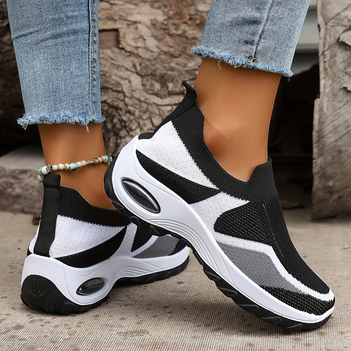 Ayollar uchun nafas oladigan to'qilgan chunky sneakers, kundalik slip-on sport poyafzallari