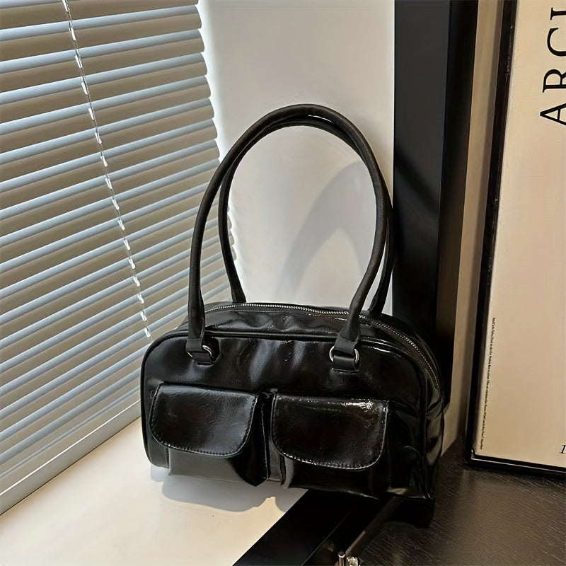 Zamonaviy ayollar uchun retro yelka sumkasi, katta sig'imli, porloq qoplama, zip yopilishi, bir rangda (qora/kolada/oq/ko'k). Ishga borish va har kuni foydalanish uchun ideal, yangilik sumkasi.