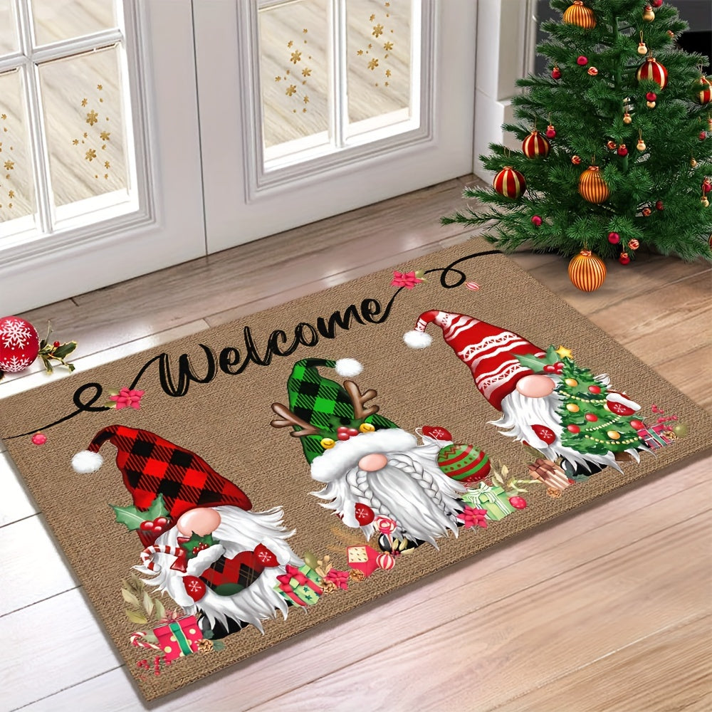 Festive Christmas Gnome Welcome Doormat 6mm Thick Non-Slip Polyester
