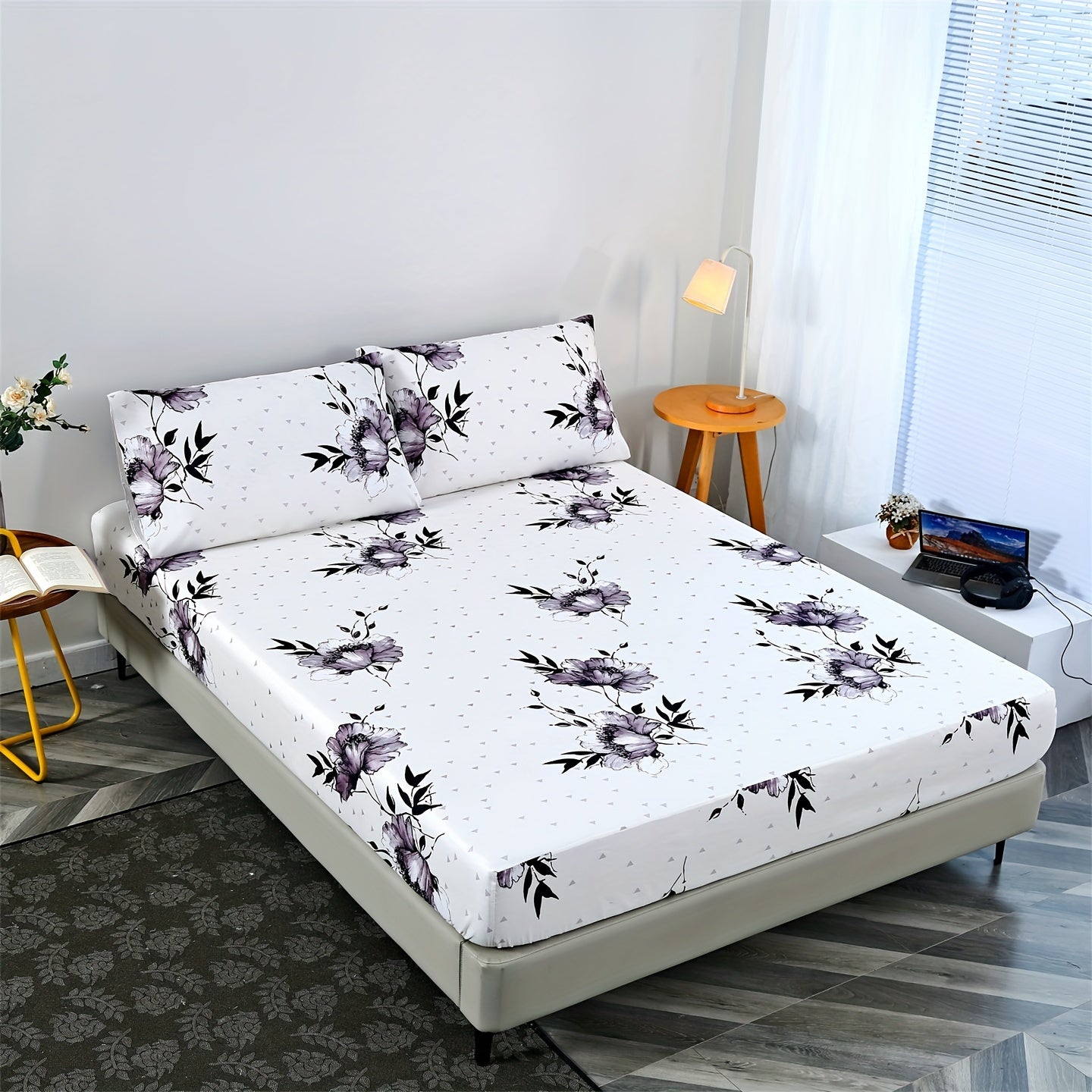 Floral Print Bedding Set with Fitted Sheet and Pillowcases for Bedroom and Guest Room