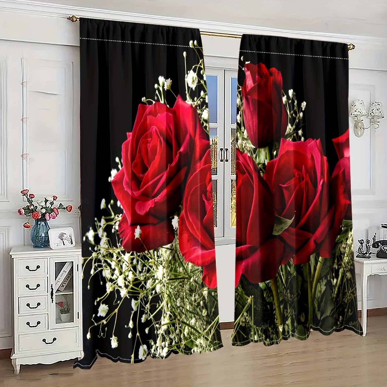 Red Rose Themed Curtains for Privacy and Decoration, Translucent, Romantic Style