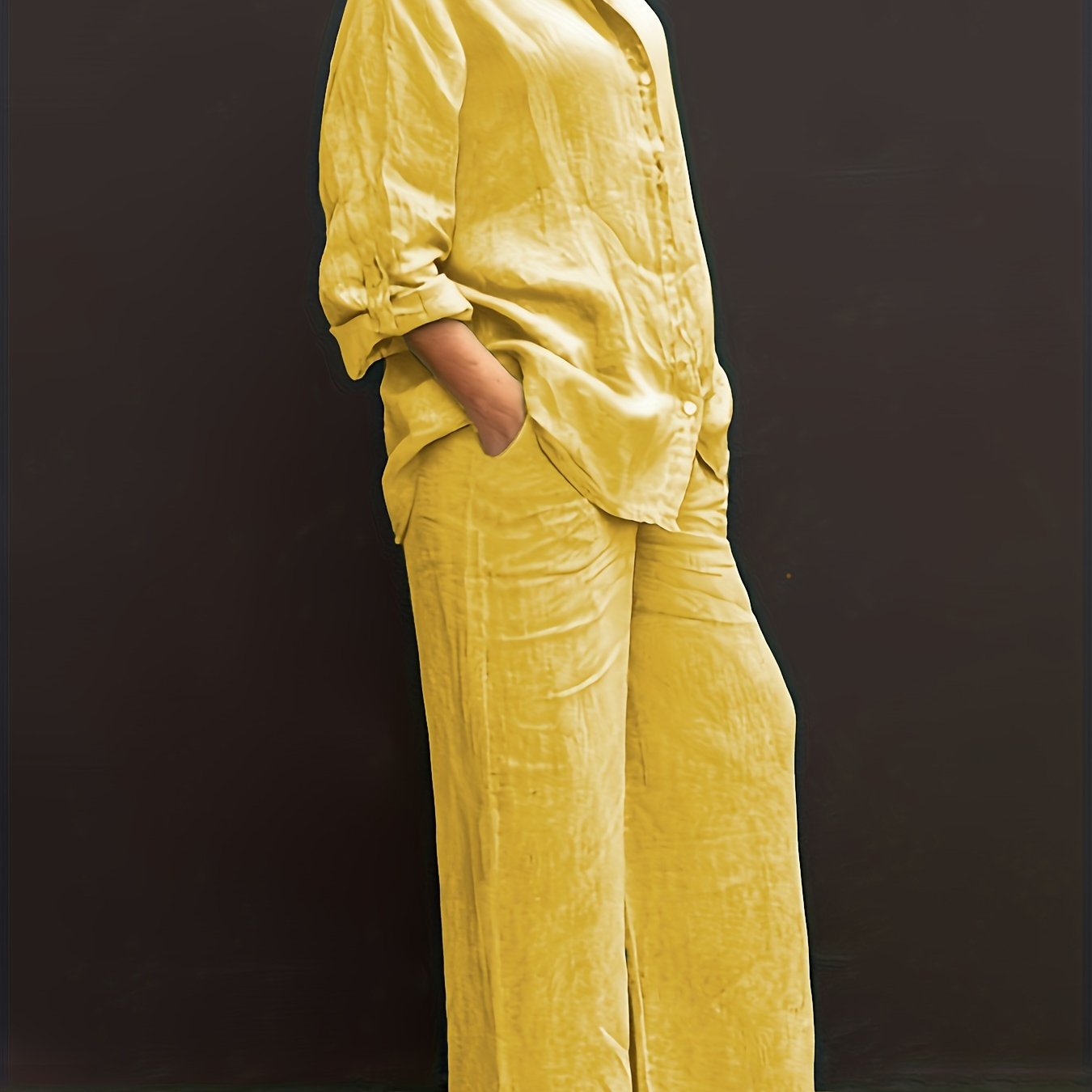 Conjunto de dos piezas de color sólido de rayón para mujer con top de manga larga y pantalones para uso casual y de fiesta