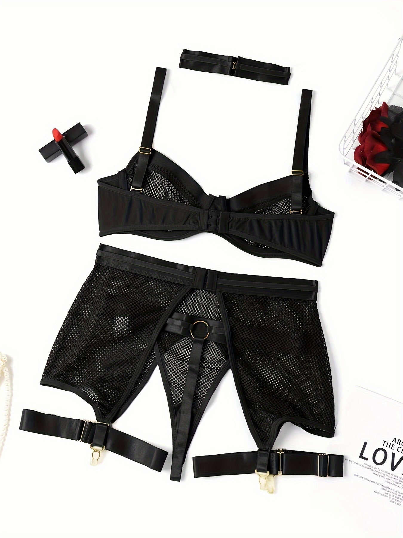 Women's Fishnet Lingerie Set with Ring Linked Bra Cut Out Thong and Girdle