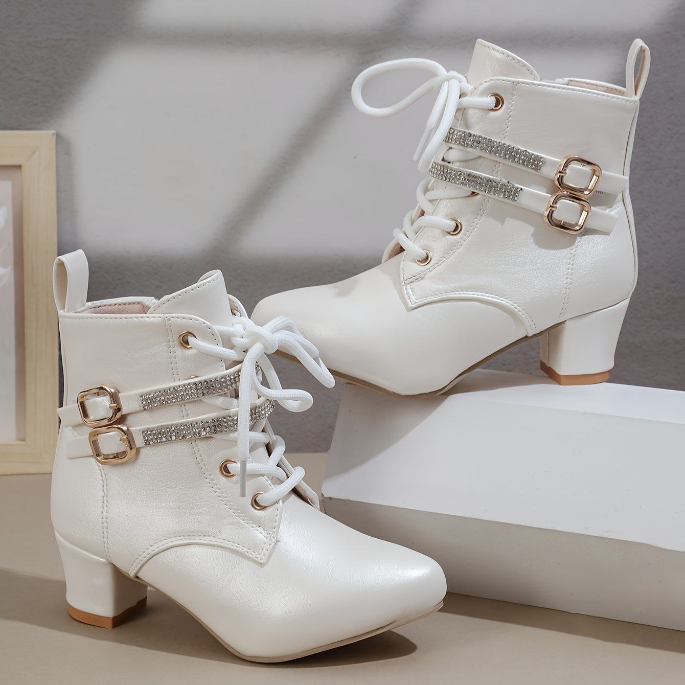 Women's White Ankle Boots with Golden Buckles Side Zipper Chunky Heel