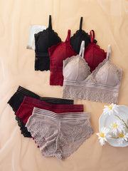 Women's Lingerie Set with Contrast Lace Push-Up Bras and Mesh Panties