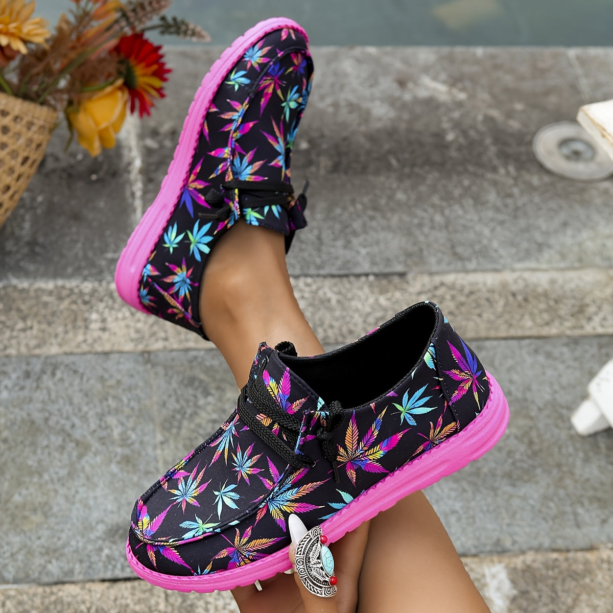 Women's Slip-On Loafers with Colorful Leaf Print Breathable Fabric Comfortable All-Season Shoes