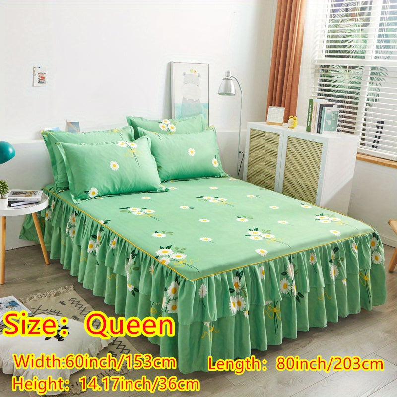 Three-Piece Macrame Bed Skirt Set with Flower Print Non-Slip Bedding for All Seasons