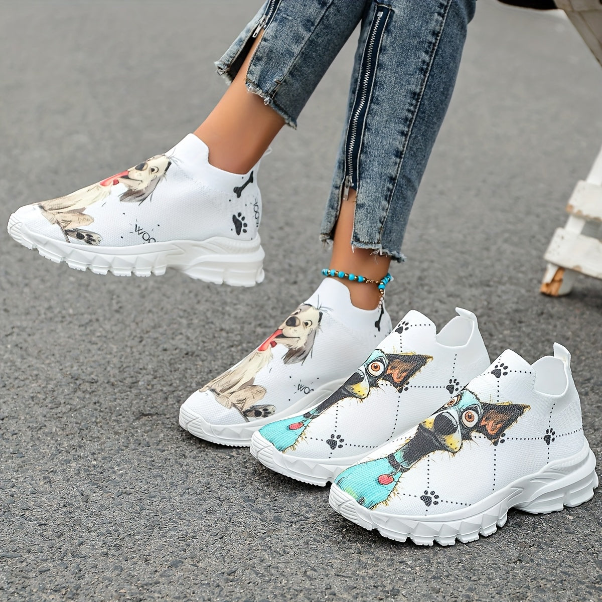 Women's Casual Sneakers with Puppy Print Lightweight Breathable Fabric