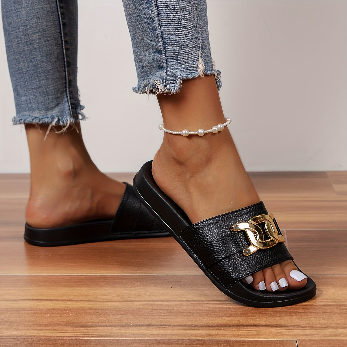 Ayollar uchun qora slayd sandalki, oltin tokchali Eva taglik, kundalik ochiq barmoqli dizayn