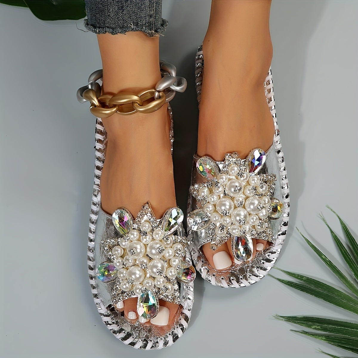 Women's Hand Stitched Floral Rhinestone Pearl Open Toe Slippers for Outdoor Casual